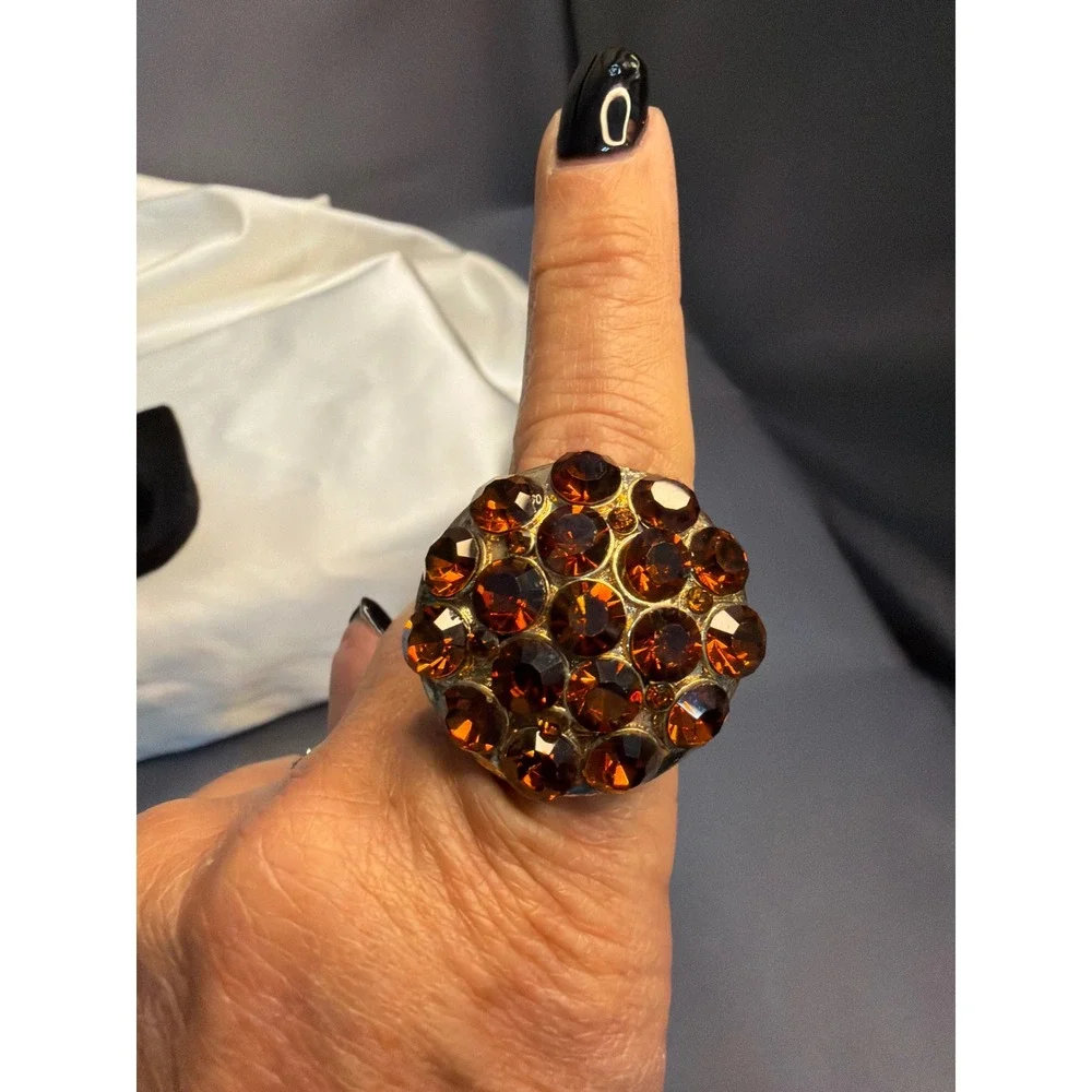 Vintage Amber Rhinestone Cluster Cocktail Ring Gold Tone Stretch Band Statement